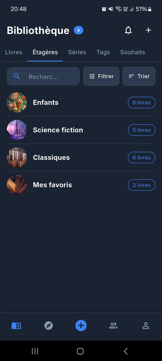 Capture d'écran de l'écran des étagères dans BiblioGo