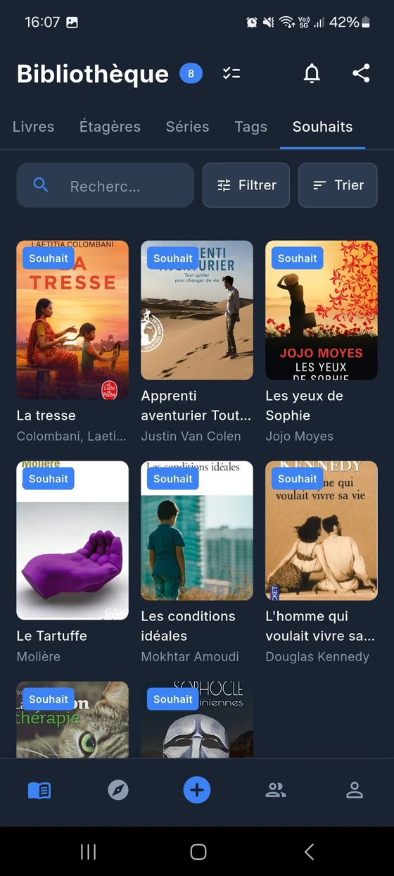 Capture d'écran de la liste de souhaits dans BiblioGo